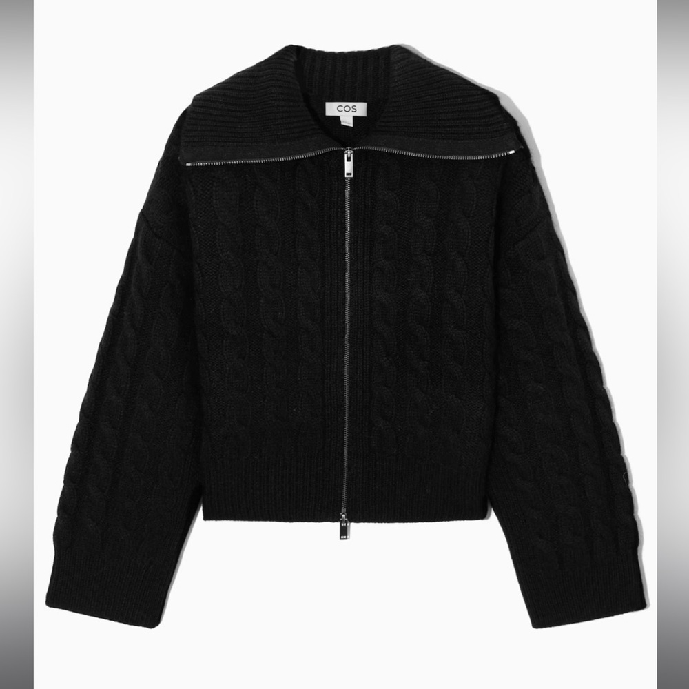 COS Cable Knit Wool Zip Black Sweater Cardigan S